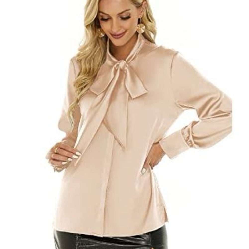 Escalier Pale Pink Tie Neck Long Sleeve Silky Blouse Size Medium